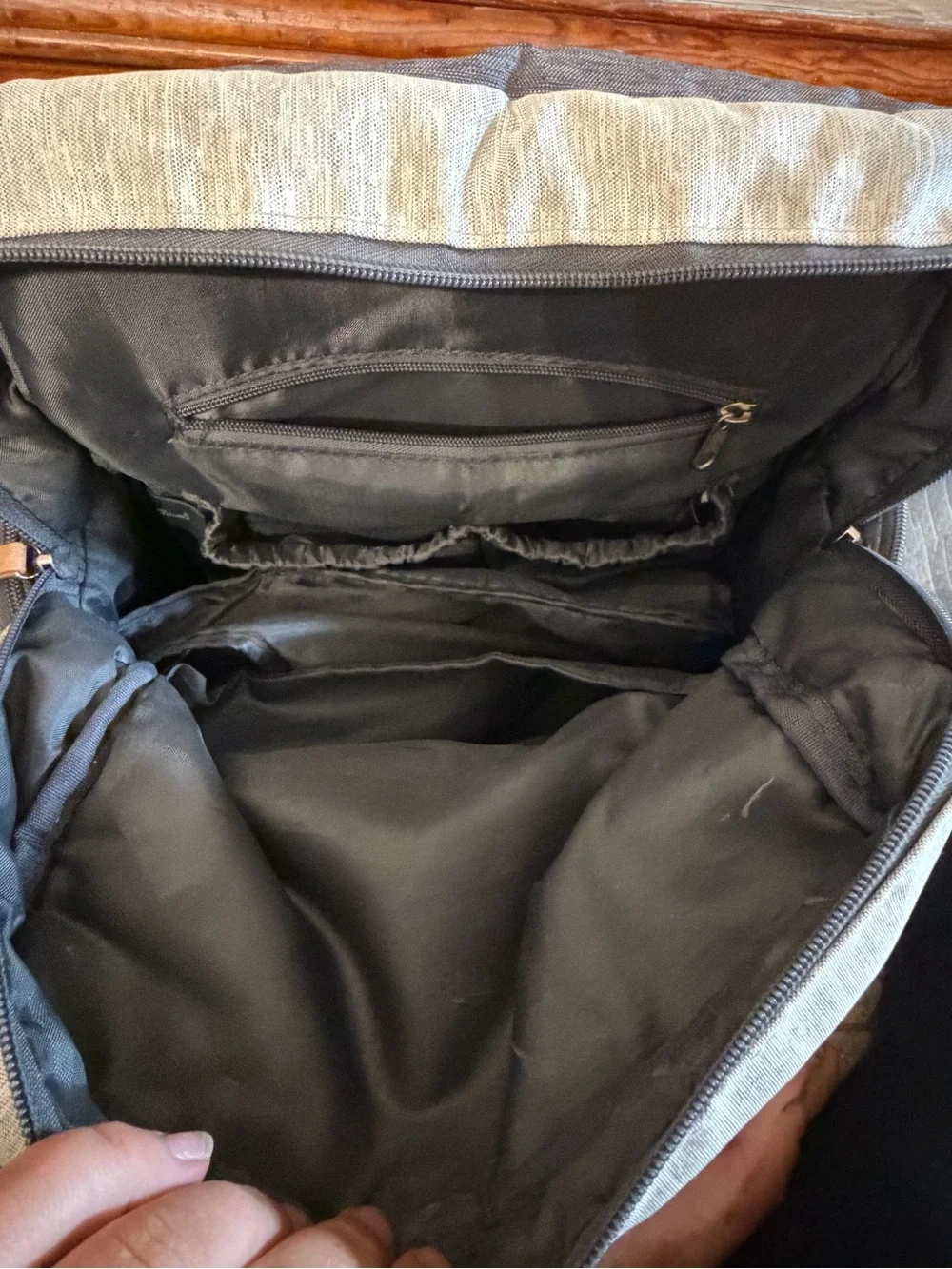 Eddie Bauer Two-Tone Gray & Navy Canvas Backpack with Tan Accents